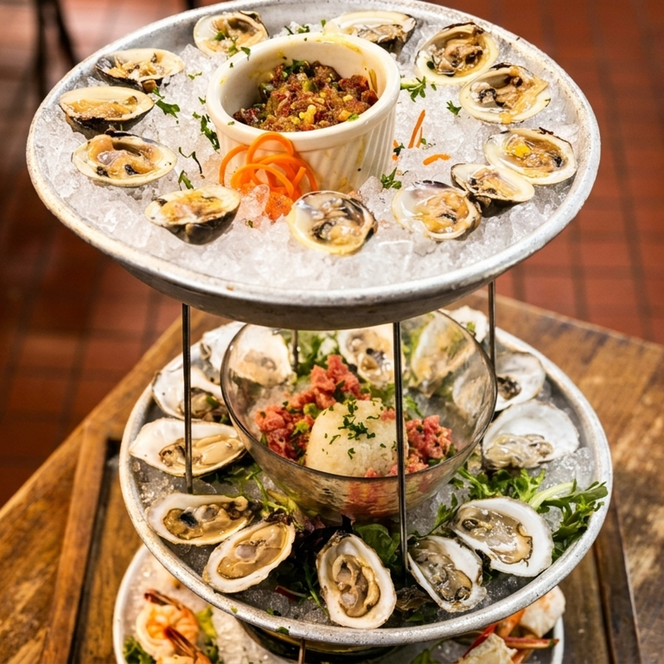 Three-tier seafood platter displays oysters on ice, shrimp, garnishes, and a central bowl of seafood topping on a restaurant table.