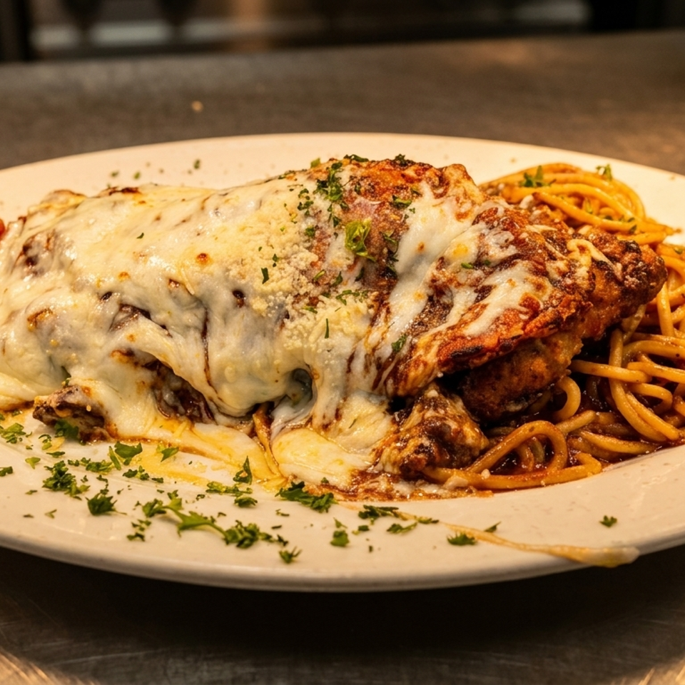 Melted cheese-covered chicken parmesan served with spaghetti marinara and garnished with parsley on a white plate.