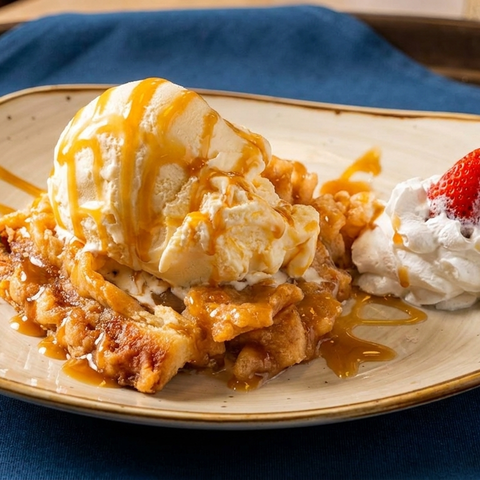 Golden fried dessert topped with vanilla ice cream, caramel sauce, whipped cream, and a strawberry on a ceramic plate.