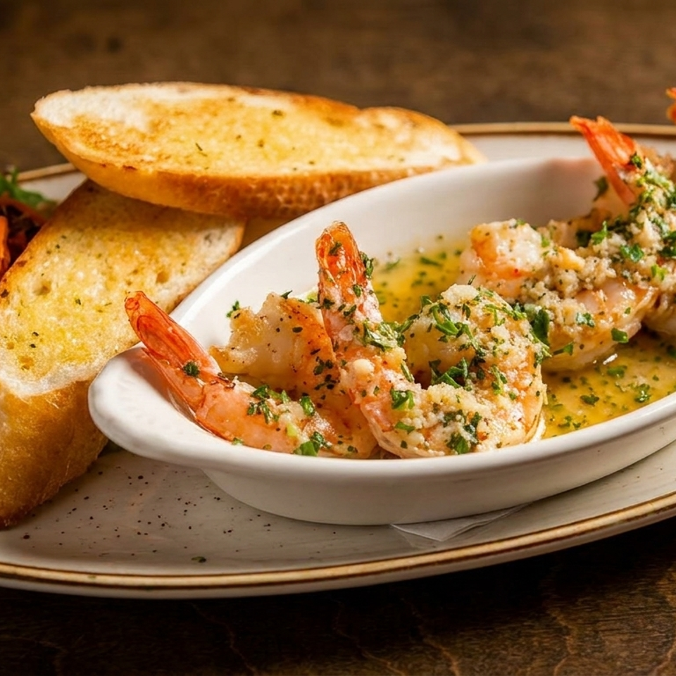 Garlic-butter shrimp garnished with parsley, served with toasted garlic bread and a side salad on a ceramic platter.