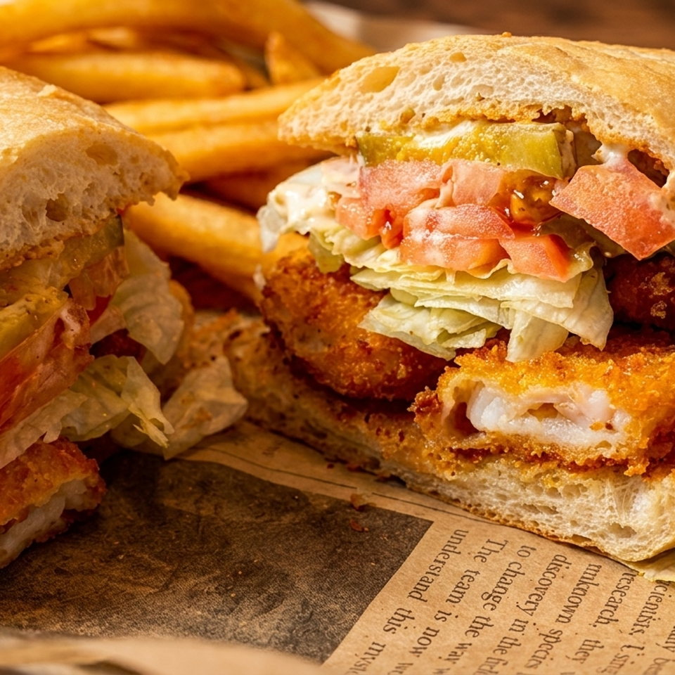 Crispy fish sandwiches with lettuce, tomatoes, pickles, and sauce served with golden fries on newspaper-lined paper.