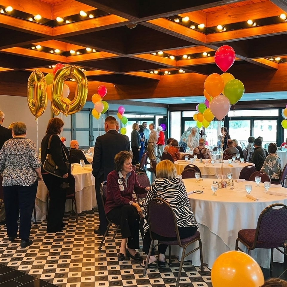 Festive restaurant banquet with guests, round tables, colorful balloons, and large gold “10” balloons beneath a wood-paneled ceiling.