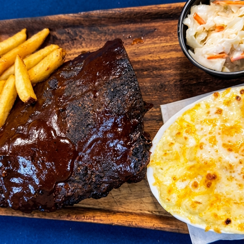 Barbecue-glazed ribs served with fries, creamy coleslaw, shredded vegetables, and a bubbling baked cheese casserole on a wooden board.